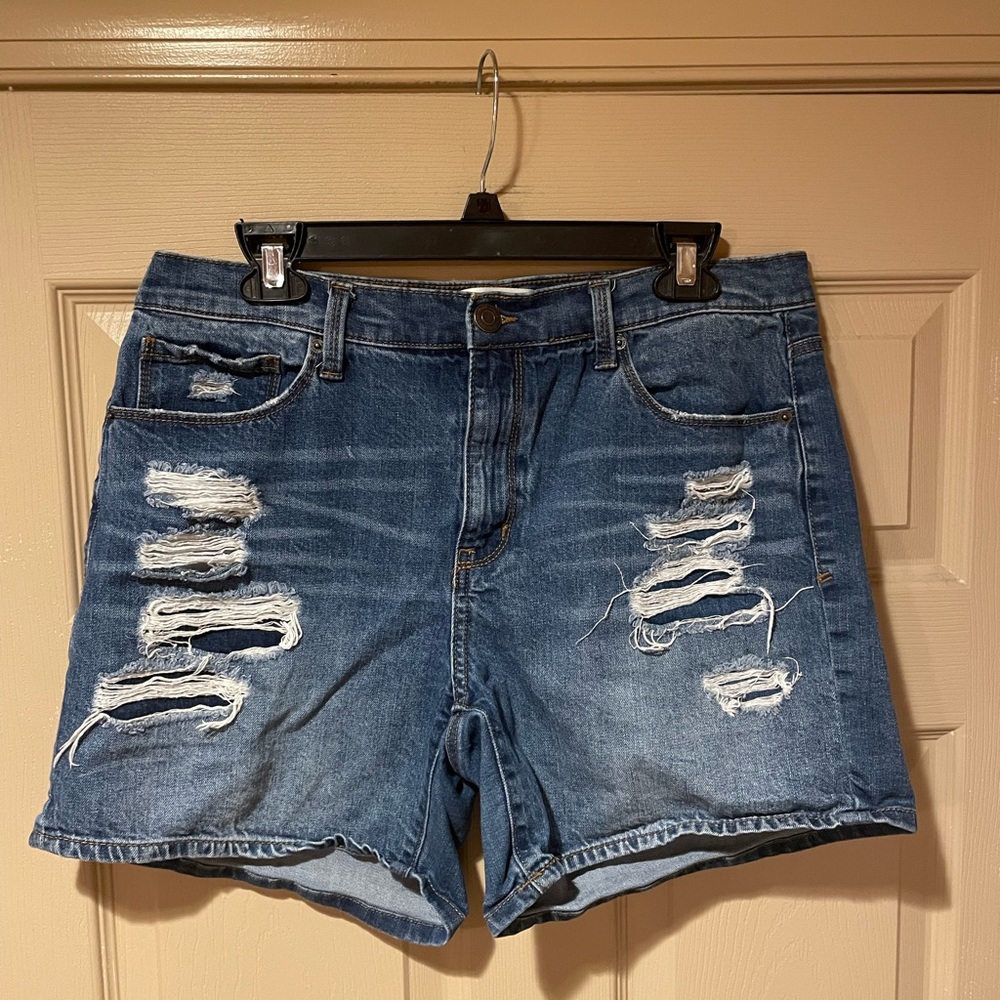 Mudd High-Rise Midi Denim Distressed Shorts, FLX Stretch, Size 15